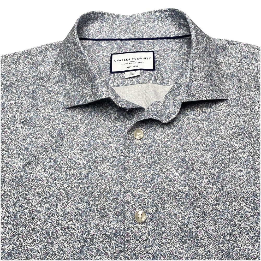 Charles Tyrwhitt Dress Shirt 16.5 42 Mens Slim Gray Pink Floral